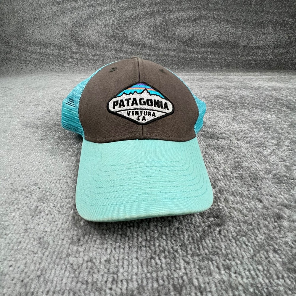 Patagonia P-6 Logo Trucker Hat Brown Aqua Teal Ventura CA Snapback Mesh Cap